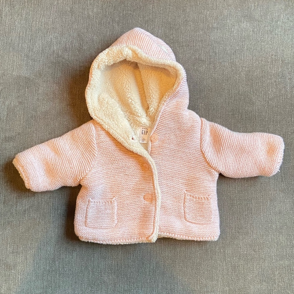 Baby GAP pink bear ears hooded jacket with ivory Sherpa lining. Was $45